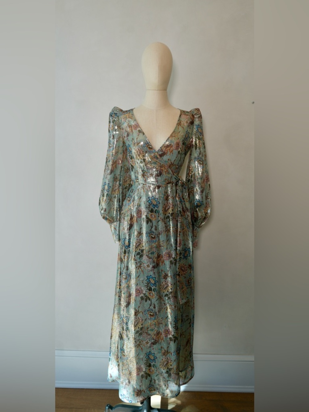 Light Blue Floral Metallic Wrap Maxi Dress with Long Sleeves